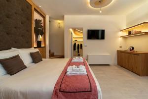a hotel room with a large bed and a tv at Ca' de la Fonte - WENICE Deep Culture in Venice