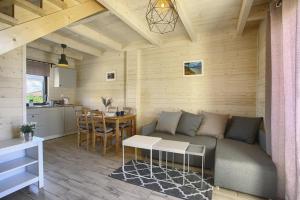 a living room with a couch and a table at Domki Modrzewiowa 20 in Rewal