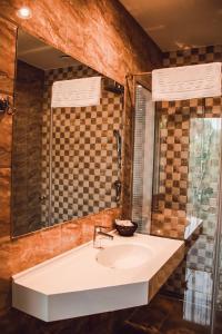 ein Bad mit einem Waschbecken und einem Spiegel in der Unterkunft Vila Radailiai - Dinosaur Park in Radailiai