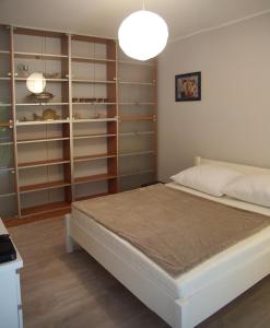 ein Schlafzimmer mit einem großen Bett mit Regalen in der Unterkunft Sopocki Dworek in Sopot