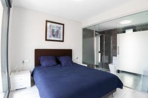 ビジャマルティンにあるCasa Villamartinのベッドルーム1室(青いベッド1台、ガラスの壁付)