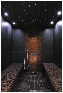 Łazienka z prysznicem i ścianą wyłożoną kafelkami w obiekcie Dappers Wellness Hotel w mieście Bad Kissingen