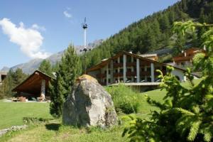 a large rock in the grass in front of a building at Eco Wellness Hotel Notre Maison in Cogne