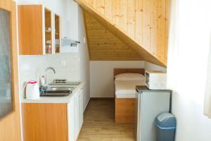 a small kitchen with a sink and a staircase at Vila Sofia in Luhačovice