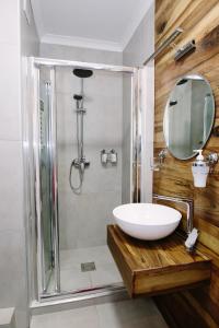 a bathroom with a sink and a shower with a mirror at Sunny Hotel in Lviv