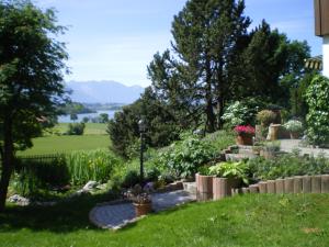 a garden with a view of a lake at Haus Riegseeblick in Riegsee