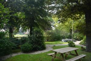 un tavolo da picnic in legno in un parco alberato di Tintaglia, betaalbaar en gastvrij a Stadskanaal