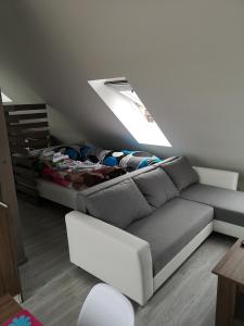 a living room with a couch and a bed at Centrum Apartman S- dom in Bardejov