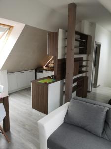 a living room with a couch and a kitchen at Centrum Apartman S- dom in Bardejov