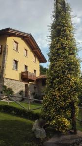 een grote kerstboom voor een gebouw bij Agriturismo il posto delle fragole in San Giovanni Bianco