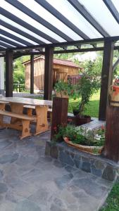 Una mesa de picnic debajo de una pérgola con una mesa y algunas plantas. en Vila Puiu Borsa MM, en Borşa