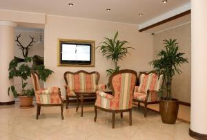 uma sala de espera com cadeiras e plantas em Geréby Kúria Hotel és Lovasudvar em Lajosmizse