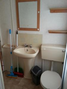 La salle de bains est pourvue d'un lavabo, de toilettes et d'un miroir. dans l'établissement Šventojoje nameliai Žibų 99, à Šventoji