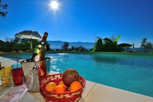 un cesto di frutta e una bottiglia di champagne accanto alla piscina di Country Resort Il Frassine a Rignano sullʼArno