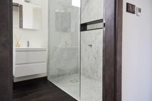 a glass shower in a bathroom with a sink at Blue Door Apartment Ground Floor in Augustów