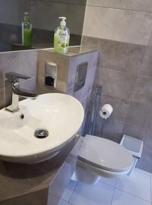 a bathroom with a white sink and a toilet at Motel in Myszyniec