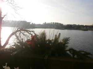 a view of a lake with a christmas tree at apartament z widokiem na jezioro in Mikołajki