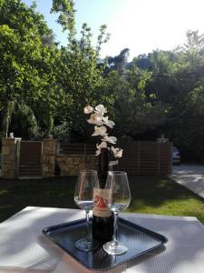 una mesa con dos copas y una botella de vino en Mary's Dream House, en Parga