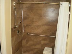 a bathroom with a shower with a shower curtain at Executive Inn Mojave in Mojave