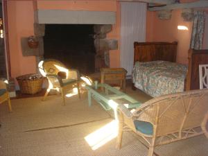 sala de estar con chimenea, cama y sillas en Manoir de Keroman, en Languidic