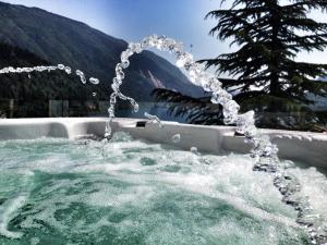 a large pool of water with a waterfall at Ariston Lake View Hotel in Molveno