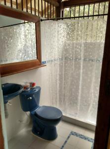 a bathroom with a blue toilet and a sink at Cabana El Caney in Sapzurro