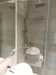 un bagno con doccia, lavandino e WC di Ionian Paths a Perama