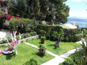 un giardino con piante in vaso e fiori sull'erba di Ionian Paths a Perama