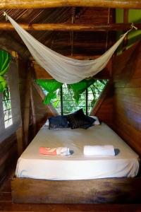Bett in einem Baumhaus mit Hängematte in der Unterkunft Beverly's Hill Guest House in Bocas del Toro