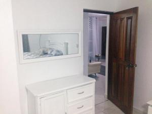 a dog laying on a bed in a room at Caribbean Seaview apart Malecon Santo Domingo in Santo Domingo +61 photos