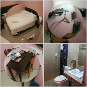 three pictures of a room with a bed and a bathroom at Hotel Sri Rembia in Malacca