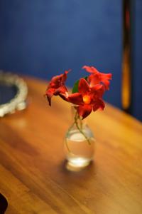 a glass vase with red flowers sitting on a table at Hotel Relais Filonardi in Veroli