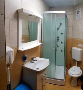ein Bad mit einem Waschbecken, einer Dusche und einem WC in der Unterkunft Hotel Hermes in Eforie Nord