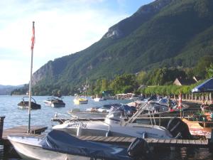 a bunch of boats docked at a dock in the water at Camping Routes du Monde ATC Veyrier du Lac - Annecy in Veyrier-du-Lac