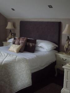 ein Schlafzimmer mit einem großen weißen Bett mit Kissen in der Unterkunft Causeway Lodge in Bushmills