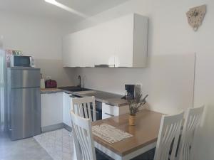 uma cozinha com uma mesa e cadeiras e um frigorífico em Apartment Ivana em Novigrad