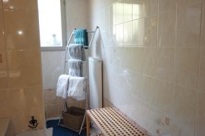 La salle de bains est pourvue d'une douche, de serviettes et d'un miroir. dans l'établissement Le Balcon, à Dallet