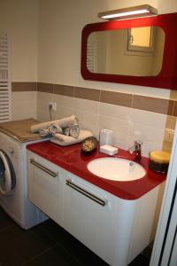 a bathroom with a sink and a washing machine at Graziosa Al Porto in Moniga