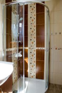 a shower with a glass door in a bathroom at Penzion Starobor in Sedlice