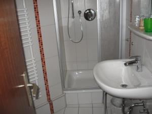 y baño pequeño con lavabo y ducha. en Pension Haus Ursula, en Coblenza