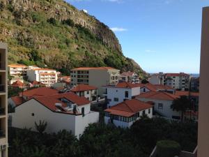 a town in front of a mountain with houses at Bento Lodge by Madeira Holiday Rentals in Ribeira Brava
