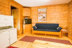 a living room with a blue couch and a television at Resort Naaranlahti in Punkaharju