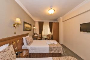 una camera d'albergo con due letti e una televisione di Laleli Gonen Hotel a Istanbul
