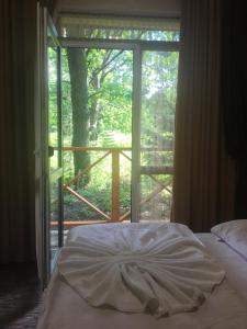 ein Bett vor einer Glastür mit einem Fenster in der Unterkunft Dikii Med in Geletintsy