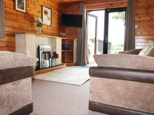 uma sala de estar com lareira numa casa em Oak Lodge em Falmouth