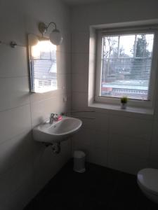 a bathroom with a sink and a window at Pension Holmer Moorhof in Hartenholm