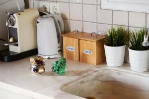 a kitchen counter with a sink with plants and a toaster at Antiparos Vibes in Agios Georgios