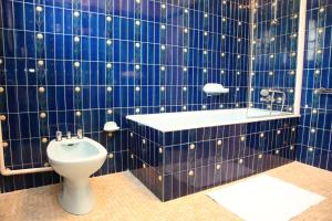 a bathroom with a toilet and a blue tiled wall at Gure Lana in Saint-Jean-Pied-de-Port