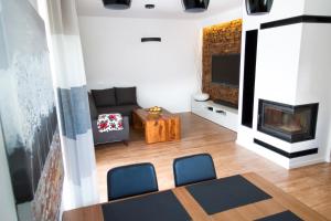 a living room with a couch and a fireplace at Apartament Góralka in Jaworki