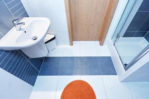 a bathroom with a sink and a shower at Vila Poule in Bohutín +5 photos